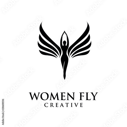 women fly angel logo, award, and wings with silhouette style