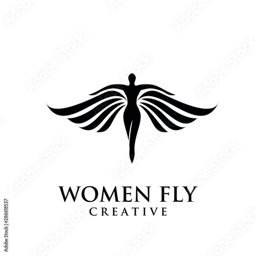 women fly angel logo, award, and wings with silhouette style