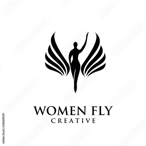women fly angel logo, award, and wings with silhouette style