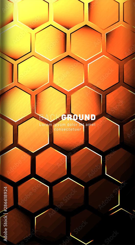 Vertical hexagon background. Gradient color light pattern with dark background technology style. Honeycomb. Vector illustration of light.