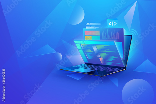 web development technology concept design. Laptop with virtual interactive screens processing, web interface design, software coding and programming languages