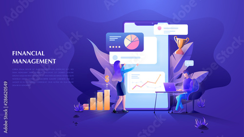 Financial management concept for web banner. Teamwork working on financial report strategy, business analysis and marketing strategy