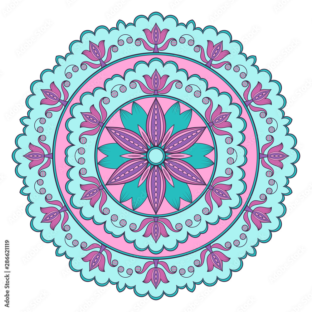 Decorative colorful ethnic mandala pattern. Design element for greeting card, banner or poster in oriental style. Hand drawn illustration