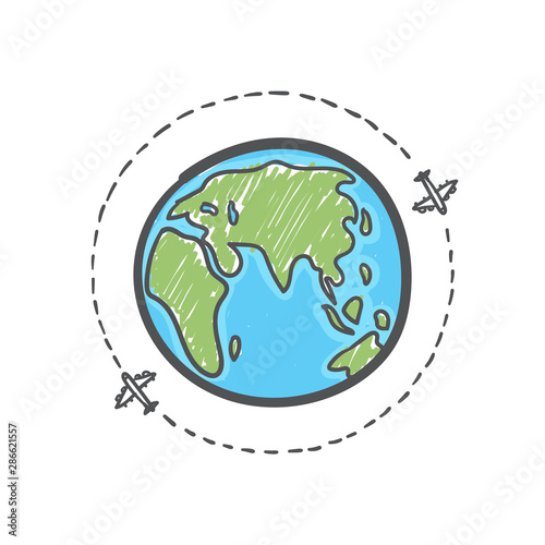 Hand drawn plane travel around the world.