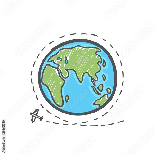 Hand drawn plane travel around the world.