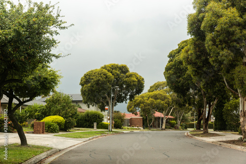 Quiet suburban street with ominous natural lighting.