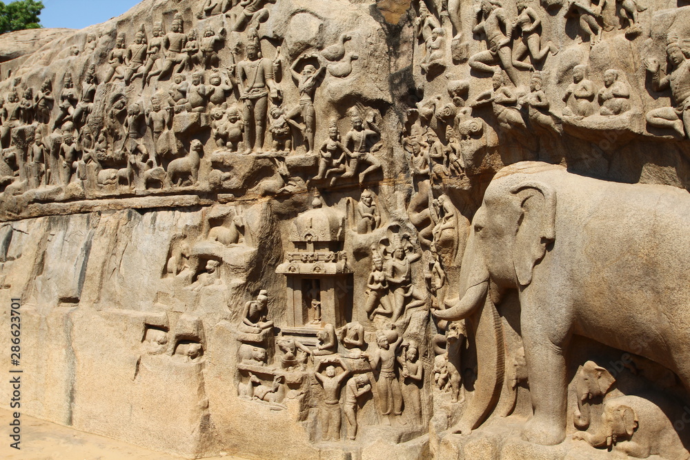 Stone carvings on the face of a rock at Arjuna's Penance, Mahabalipuram, Kanchipuram District, Tamil Nadu, India 