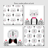 Posters and patterns set, baby prints with animals and childish seamless patterns. Scandinavian style.