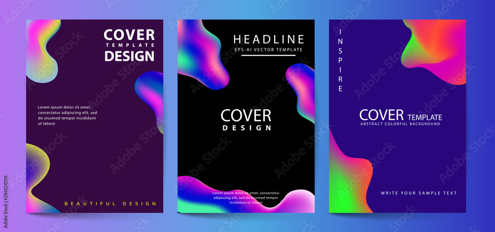 Fluid color covers set. Colorful bubble shapes composition. Dynamic colorful poster set with fluid shapes for cover, billboard, brochure, print.