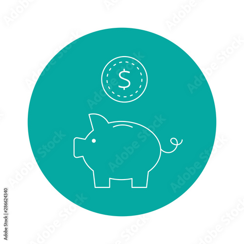 Linear illustration of a saving pig with a coin. Vector line icon. Finance, saving money icon for applications and web.
