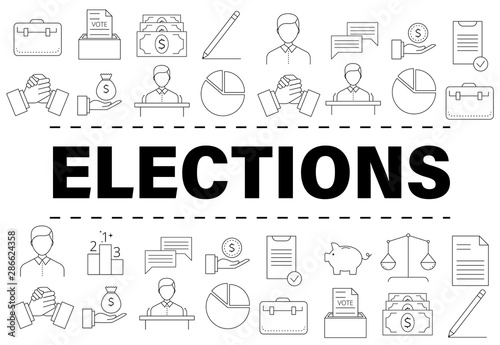 Banner template with elections and voting icons and symbols. Line style illustration. Voting, making a choice icons for applications and web.