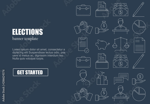 Banner template with elections and voting icons and symbols. Line style illustration. Voting, making a choice icons for applications and web.