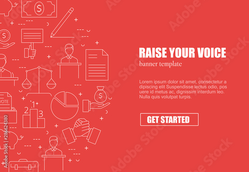 Banner template with elections and voting icons and symbols. Line style illustration. Voting, making a choice icons for applications and web.