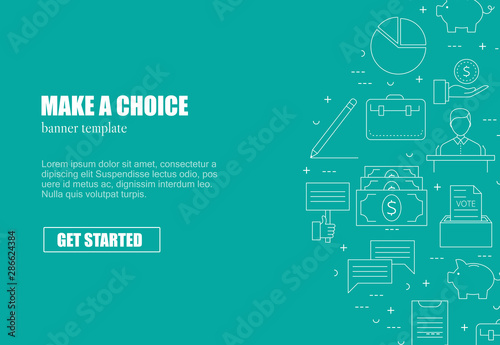 Banner template with elections and voting icons and symbols. Line style illustration. Voting, making a choice icons for applications and web.