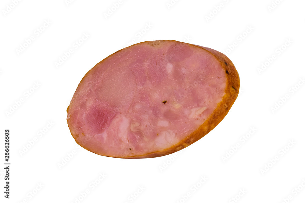 Sliced piece of smoked sausage isolated on a white background Sliced piece of smoked sausage isolated on a white background