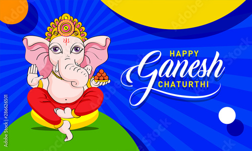 Happy Ganesh Chaturthi. Indian Festival of cute lord Ganapati Banner, Logo, Sticker, Concept, Greeting Card, Template, Icon, Poster, Unit, Label, Web, Mnemonic on blue background with Circles Pattern.