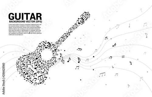 Vector music melody note dancing flow shape guitar icon . Concept background for song and guitar concert theme.