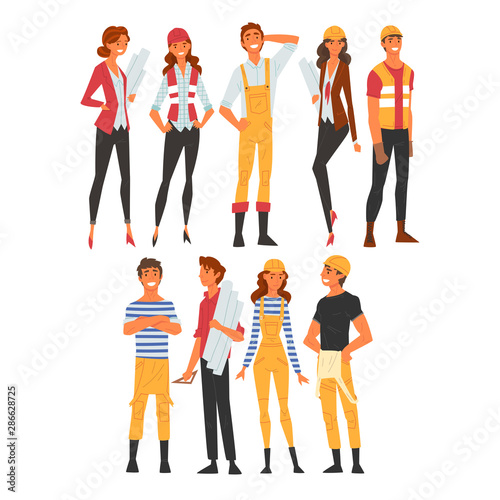 Building Workers and Architects Characters Set, Male and, Female Professional Construction Worker, Engineer, Repairman, Foreman Vector Illustration