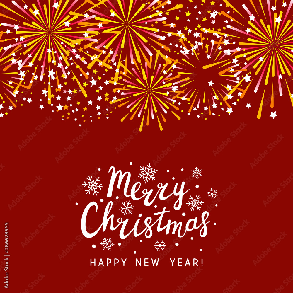 Golden fireworks border on red background - greeting card for Christmas design