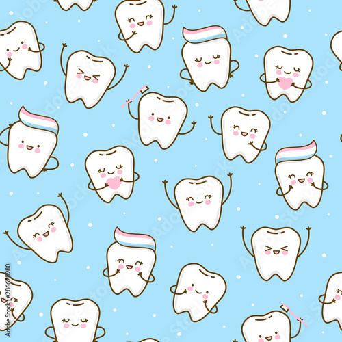 Seamless pattern with cute teeth on blue background - for kid dental design