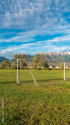 Vertical White soccer goal on a grassy sports field with view of snow topped mountain