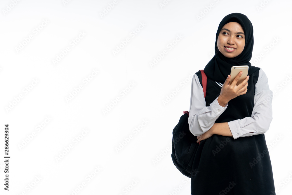 smiling student with smart phone. Isolated on white background smiling student with smart phone. Isolated on white background