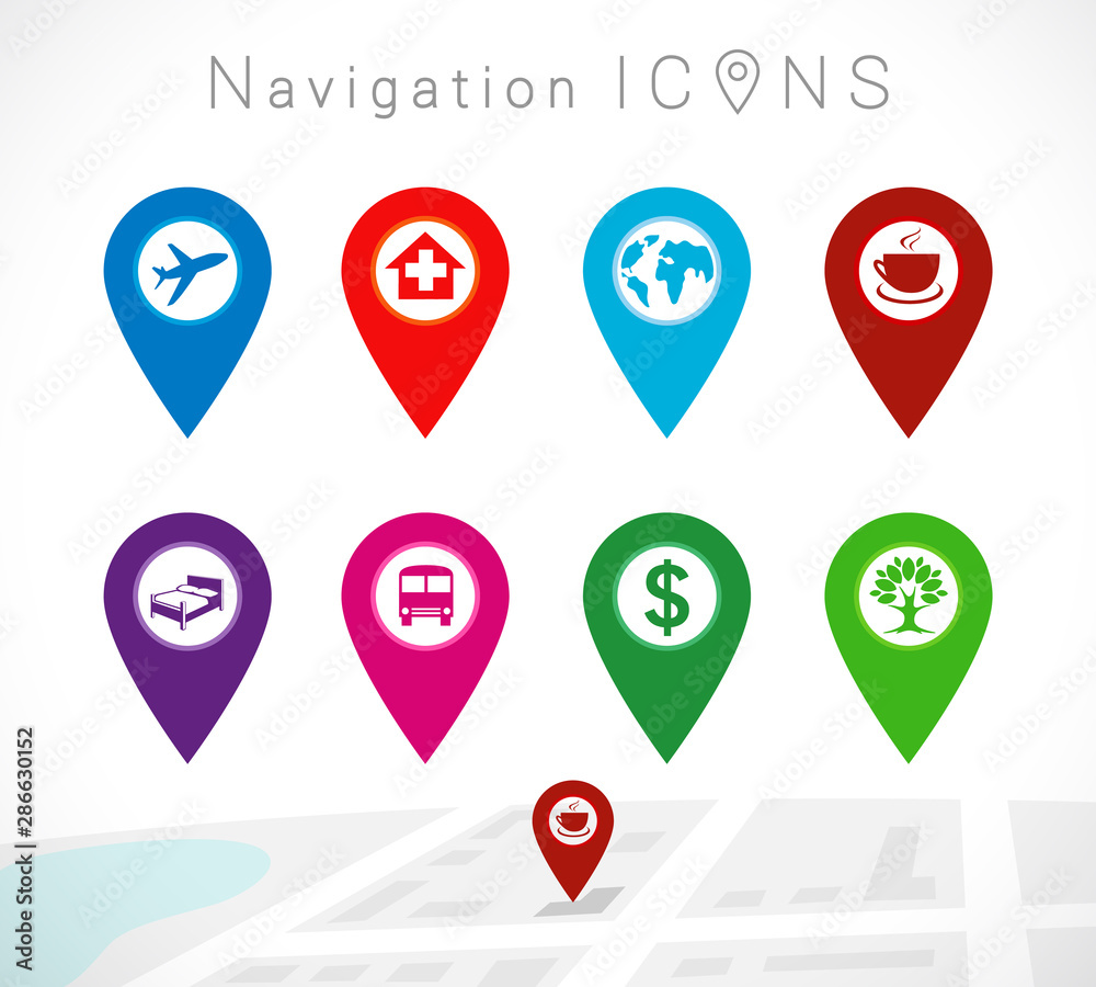 Maps and colored pins icons. Make your own custom location pin icon. Map  with cafe point place symbol. Navigation and route concept illustration.  Vector tag for contact web page Stock Vector