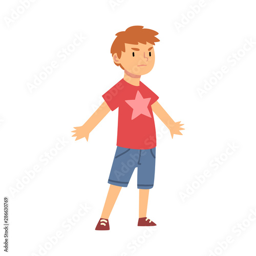 Cute Brave Little Boy Character Standing in Defender Pose Vector