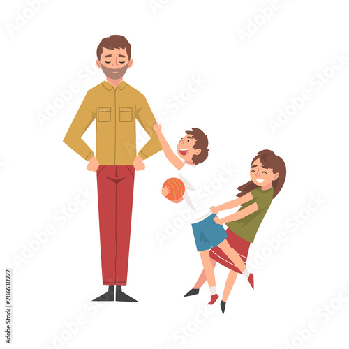 Father with Mischievous Brother and Sister, Happy Fighting Children, Bad Child Behavior Vector Illustration