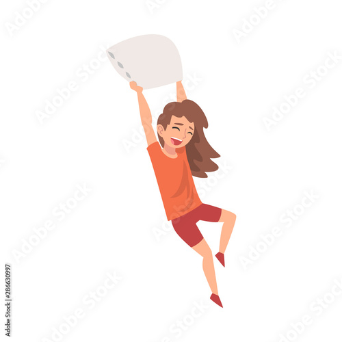 Happy Girl Fighting with Pillow, Naughty, Rowdy Kid, Bad Child Behavior Vector Illustration