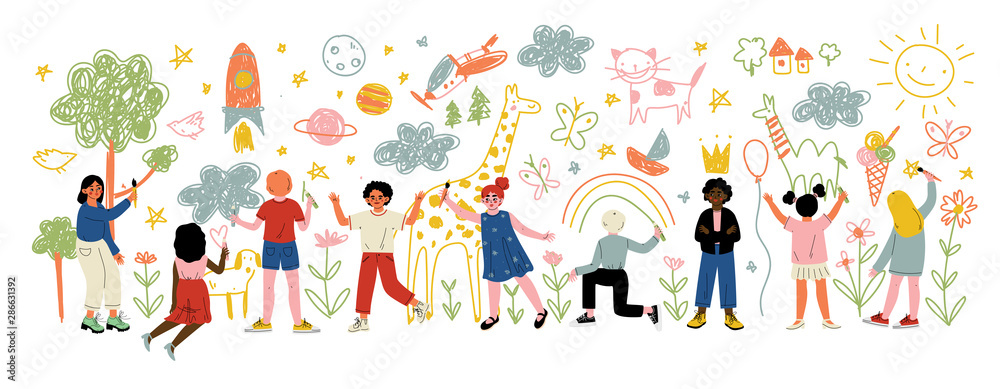 Kids of Different Nationalities Painting and Drawing with Brushes and Pencils on White Wall Vector Illustration