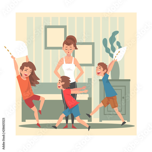 Mother and Her Mischievous Children, Kids Having Fun at Home, Naughty, Rowdy Children, Bad Child Behavior Vector Illustration