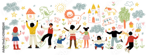 Cute Kids of Different Nationalities Painting and Drawing with Brushes and Pencils on White Wall Vector Illustration