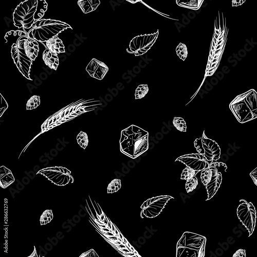 Ingredients for the best whiskey taste. Barley eres, hops and ice cubes. Seamless pattern. EPS10 vector illustration.