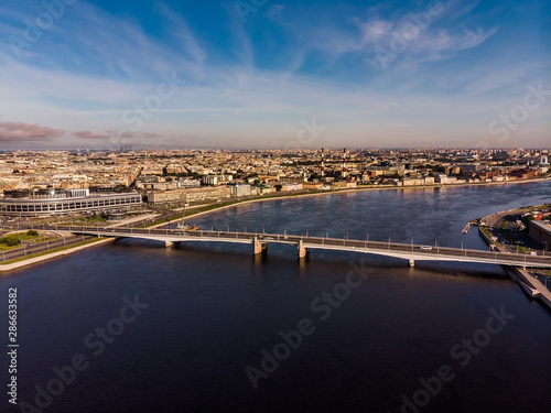 Magnificent panorama of Alexander Nevsky bridge, Moscow hotel and Neva embankment in St. Petersburg.