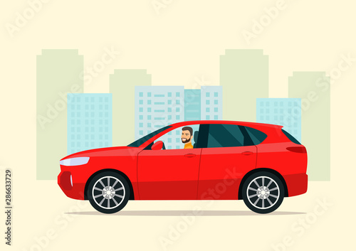 Fototapeta Naklejka Na Ścianę i Meble -  CUV car with a driver man on a background of abstract cityscape. Vector flat style illustration.