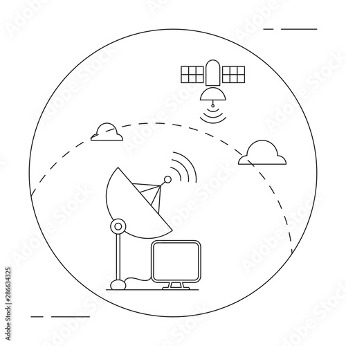 Satelite antenna or dish icon with an earth orbiting artificial satelite. Thin line. Flat. 