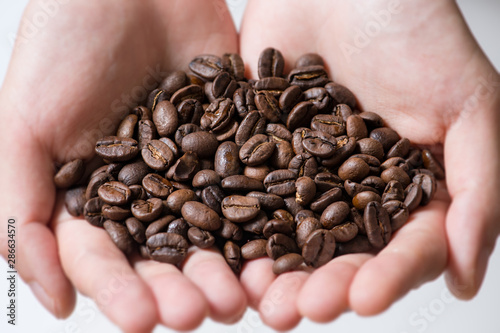 Woman's hands holding coffee beans