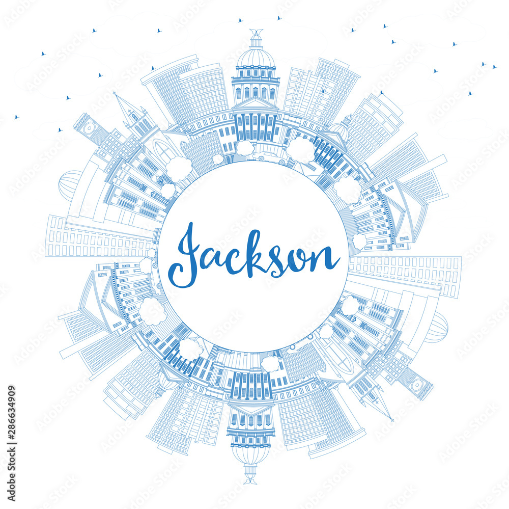 Outline Jackson Mississippi City Skyline with Blue Buildings and Copy Space.