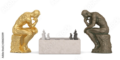 Thinker and chess isolated on white background 3D illustration.