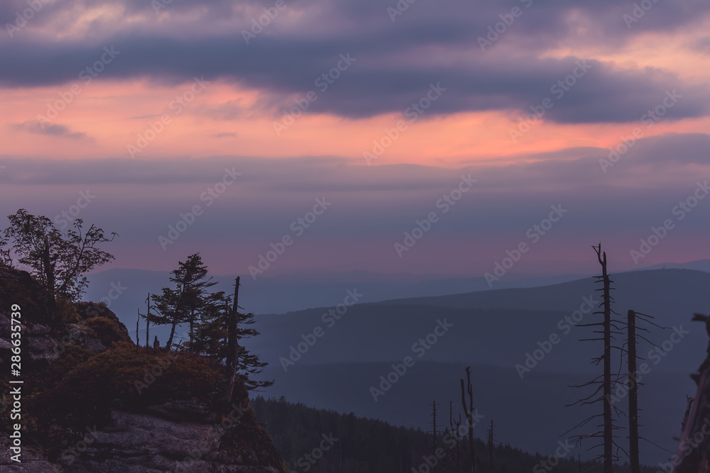 Sunset with distant hill and dead tree from Tristolicnik. Blue hour. Sumava National Park and Bavarian Forest, Czech republic and Germany Sunset with distant hill and dead tree from Tristolicnik. Blue hour. Sumava National Park and Bavarian Forest, Czech republic and Germany