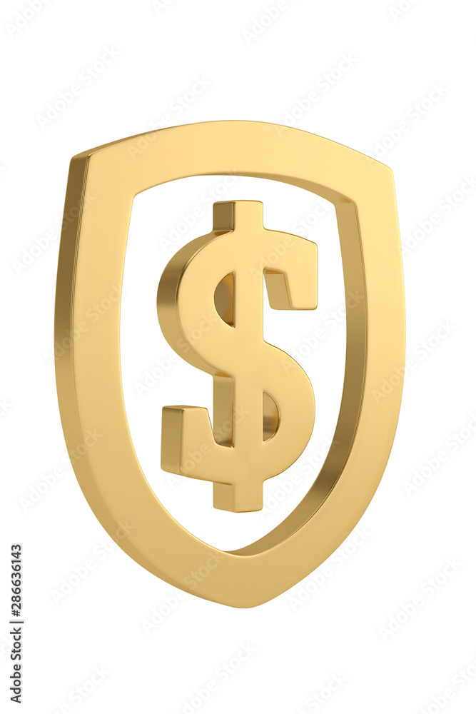 Shield with dollar sign isolated on white background 3D illustration. Shield with dollar sign isolated on white background 3D illustration.