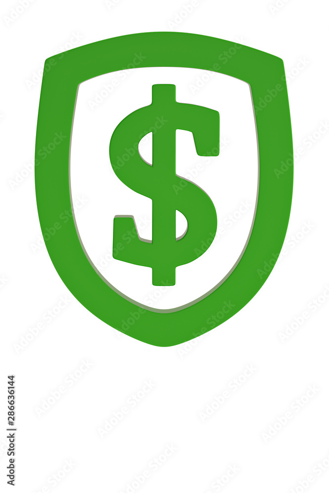 Shield with dollar sign isolated on white background 3D illustration. Shield with dollar sign isolated on white background 3D illustration.
