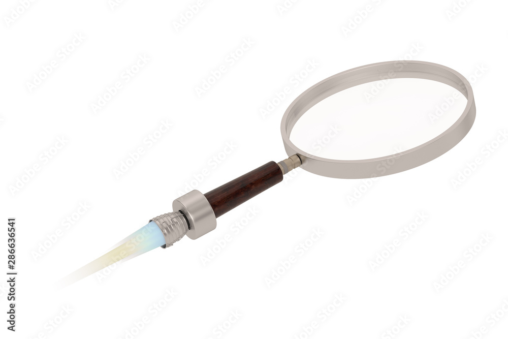 Big magnifier with rocket engine isolated on white background. 3D illustration. Big magnifier with rocket engine isolated on white background. 3D illustration.