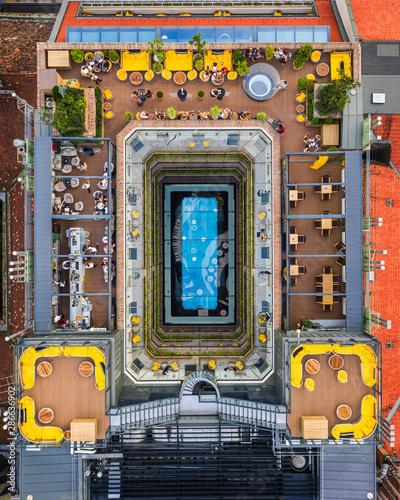 Budapest, Hungary - Rooftop bar and terrace of Hotel Aria from above