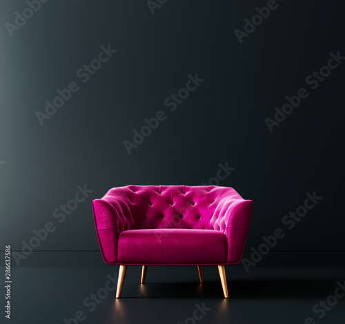 Fototapeta Cyclamen pink armchair in black interior room 3D Rendering