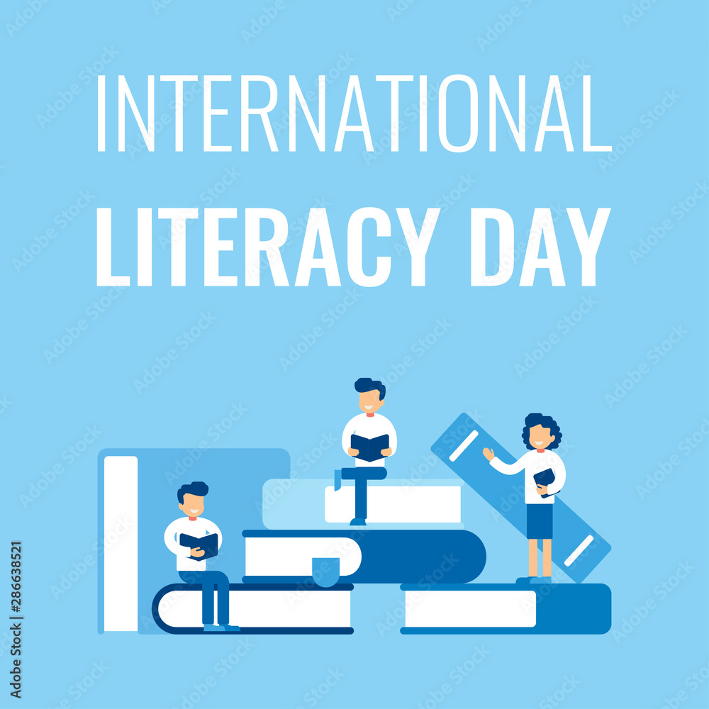 International literacy Day illustration. Male and female readers sit on stack of books studying and reading books. Flat cartoon colorful vector illustration.