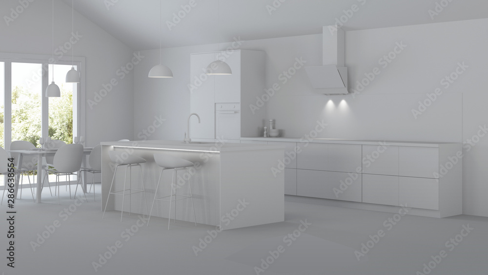 The interior of the kitchen in a private house. Gray interior. 3D rendering.