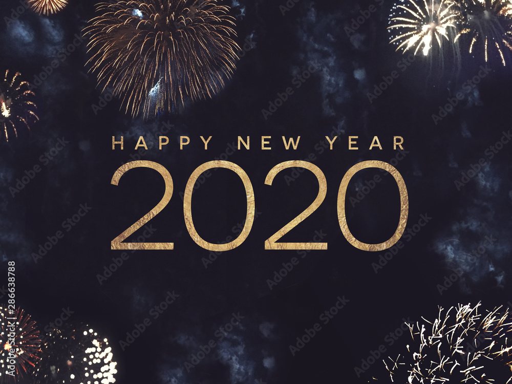 Happy New Year 2020 Text with Gold Fireworks in Night Sky - obrazy, fototapety, plakaty 