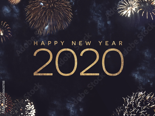 Canvas Print Happy New Year 2020 Text with Gold Fireworks in Night Sky